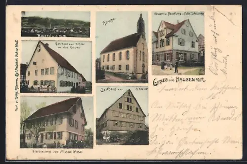 AK Hausen a. d. R., Gasthaus zur Sonne, Gasthaus zum Ochsen von Jos. Krauss, Bierbrauerei von Michael Moser, Kirche