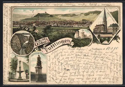 Vorläufer-Lithographie Tuttlingen, 1895, Katholische Kirche, Hohnberg, Schneckenburger Denkmal