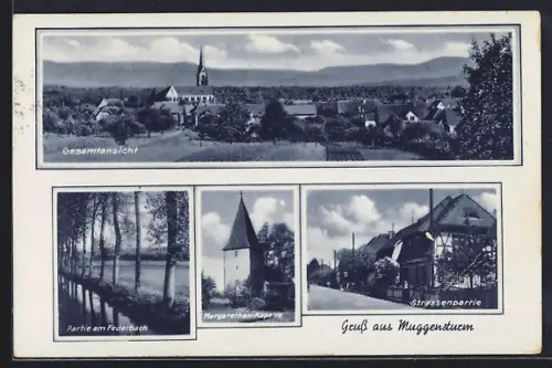 AK Muggensturm, Margarethen-Kapelle, Partie am Federbach, Strassenpartie