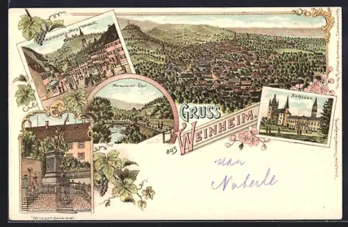 Lithographie Weinheim / Bergstrasse, Gesamtansicht, Marktplatz u. Burg Windeck, Schloss