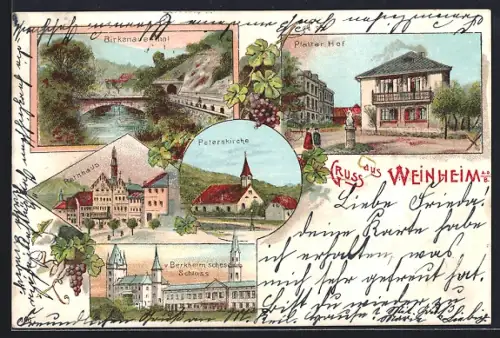 Lithographie Weinheim a.d. B., Hotel Pfälzer Hof, Peterskirche, Rathaus, v. Berckheim`sches Schloss