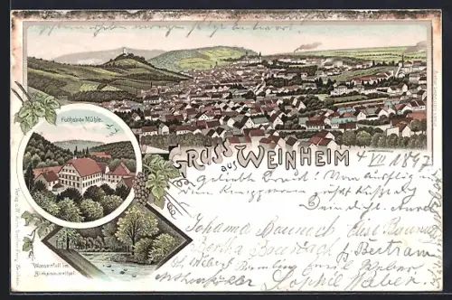 Lithographie Weinheim / Bergstrasse, Wasserfall im Birkenauerthal, Fuch`sche Mühle