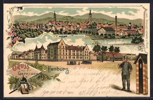 Lithographie Offenburg, Blick zur Kaserne, Soldat steht auf Wacht am Schilderhaus, Stadtpanorama