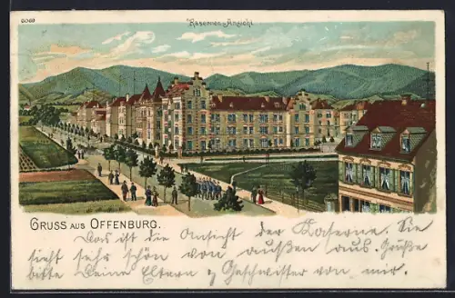 Lithographie Offenburg, Kasernen-Ansicht, Leute