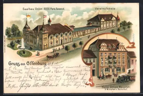 Lithographie Offenburg, Gasthaus Saalbau Union mit Strasse, Hotel Union in der Hauptstrasse