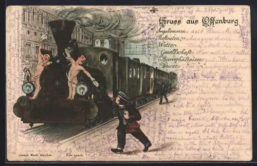 Lithographie Appenweier, Postbote eilt zu einer abfahrenden Lokomotive