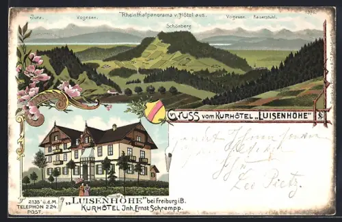 Lithographie Freiburg i. B., Kurhotel Luisenhöhe v. Ernst Schrempp, Rheinthalpanorama v. Hotel aus