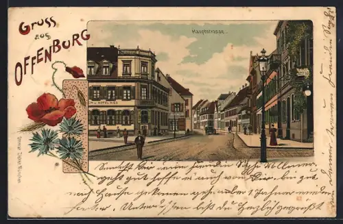 Lithographie Offenburg, Hauptstrasse mit Hotel und Restaurant