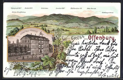 Lithographie Offenburg, Bahnhof-Hotel Offenburg, Blick auf Schloss Stauffenberg und Gipfelpanorama