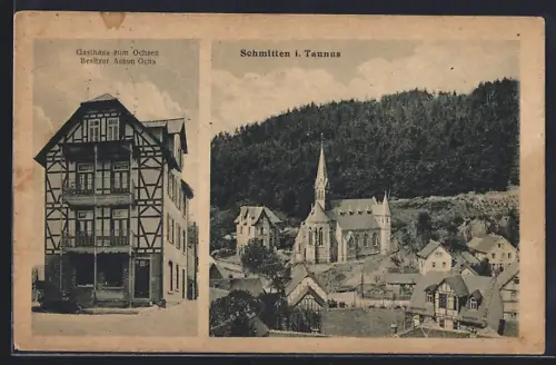 AK Schmitten i. Taunus, Gasthaus zum Ochsen, Besitzer Anton Ochs, Ortspartie mit Kirche