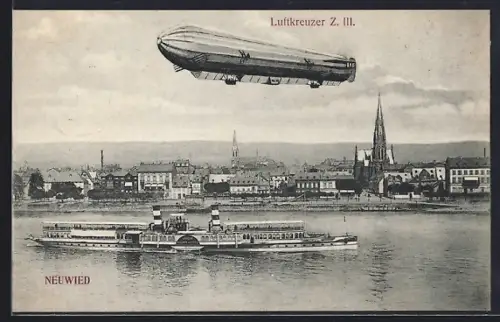 AK Neuwied, Luftschiff Z III und Raddampfer