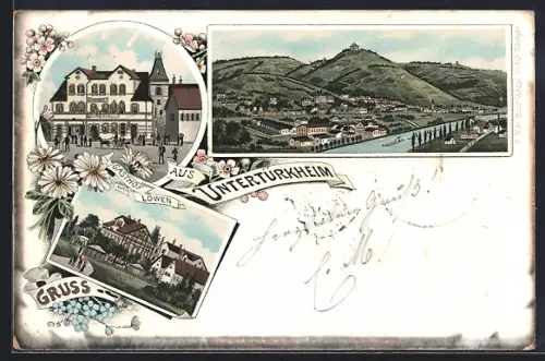 Lithographie Untertürkheim, Gasthaus zum Löwen, Ortsansicht