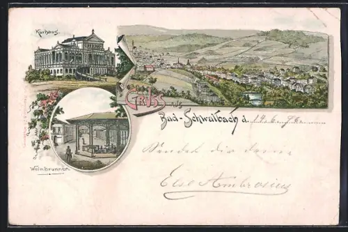 Lithographie Bad Schwalbach, Kurhaus, Weinbrunnen, Totalansicht aus der Vogelschau