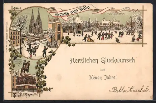 Winter-Lithographie Köln, Denkmal Friedrich Wilhelm III., Volksgarten im Winter, Kinder bei Schneemannbau
