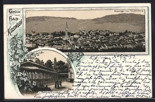 Lithographie Kissingen, Ortsansicht vom Staffelberg aus, Rakoczy Brunnen