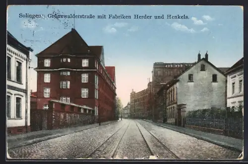 AK Solingen, Grünewalderstrasse mit Fabriken Herder und Henkels