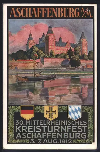Künstler-AK Aschaffenburg a. M., 30. Mittlerheinisches Kreisturnfest 1912, Schloss Johannisburg