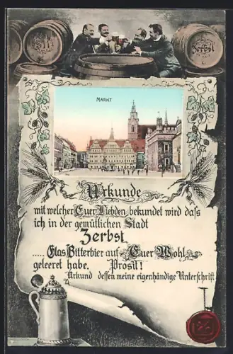Grusskarten-AK Zerbst, Markt im Passepartout mit Trinkerurkunde