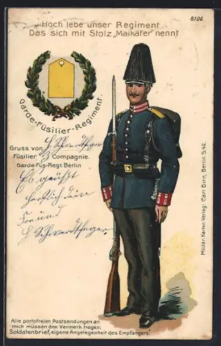 AK Berlin, Garde-Füsilier-Regiment Maikäfer, Uniform eines Füsiliers, Kaserne Chausseestrasse