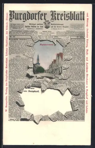 Zeitung-AK Burgdorf / Hannover, Marktstrasse im Passepartout, Burgdorfer Kreisblatt