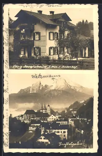 Foto-AK Berchtesgaden, Hotel-Pension Josefsheim und Ortspanorama mit Watzmann