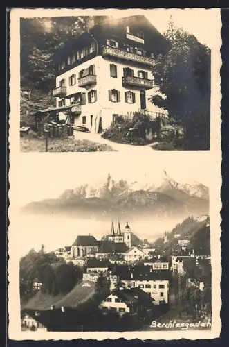 Foto-AK Berchtesgaden, Hotel Villa Habsburg, Stadtansicht mit Kirche und Watzmann