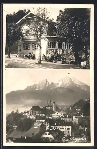 Foto-AK Berchtesgaden, Gasthaus Zur bayrischen Grenze, Stadtansicht mit Watzmann
