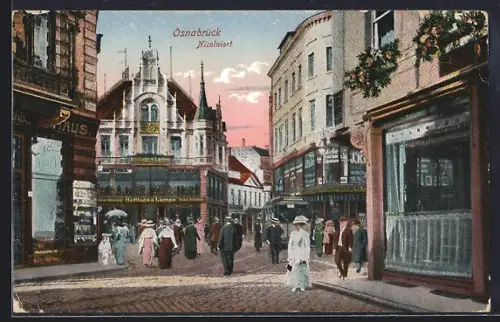 AK Osnabrück, Strasse Nicolaiort mit Strassenbahn und Passanten