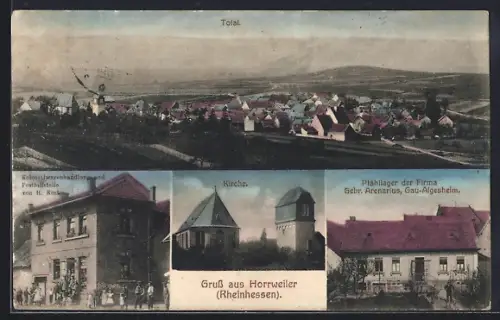 AK Horrweiler /Rheinhessen, Kolonialwarenhandlung und Posthilfsstelle von H. Kost, Pfähllager Gebr. Arenarius, Kirche