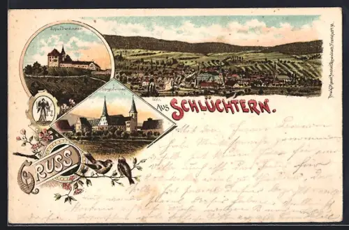Lithographie Schlüchtern, Königl. Seminar, Schloss Brandenstein und Totalansicht