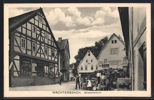 AK Wächtersbach, Ansichtskartenverkauf, Rathaus und Wollwarengeschäft mit Strassenpartie