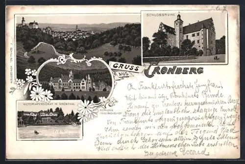 Vorläufer-Lithographie Cronberg, 1895, Schlossruine, Schloss Friedrichshof und Victoria-Pensionat im Kronthal