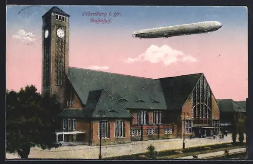 AK Oldenburg i. Gr., Zeppelin über dem Bahnhof