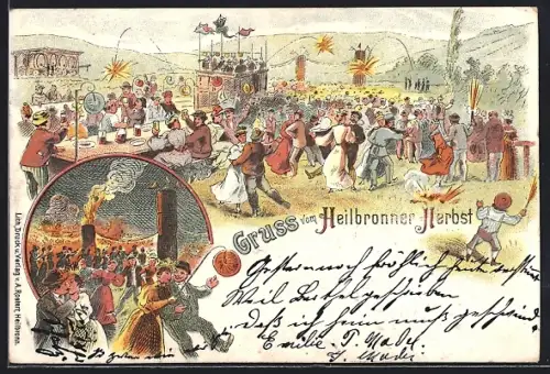Lithographie Heilbronn, Heilbronner Herbst, Festplatz bei Tag und bei Nacht