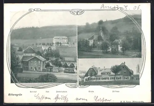 AK Rittersgrün, Bahnhof, Post, Zentralschule, Kirche und Zollhaus