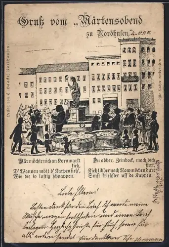 Lithographie Nordhausen, Martensabend-Feier mit Fisch-Fässern