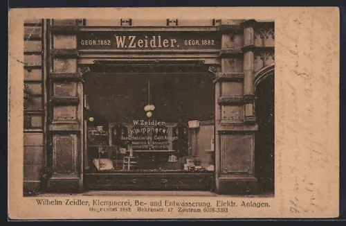 AK Berlin, Klempnerei Wilhelm Zeidler, Gegründet 1882, Behrenstr. 17, Elektrische Anlagen