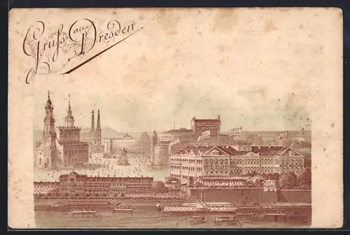 Lithographie Dresden, Stadtansicht mit Hotel Bellevue an der Elbe