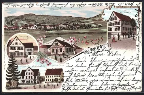 Lithographie Oberroth / Gaildorf, Gasthaus zum Lamm, Warenhaus Stengelin, Restaurant Schultheiss-Keller, Molkerei