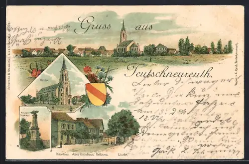 Lithographie Teutschneureut, Strassenpartie mit Pfarrhaus, Schulhaus und Rathaus, Kirche, Kriegerdenkmal