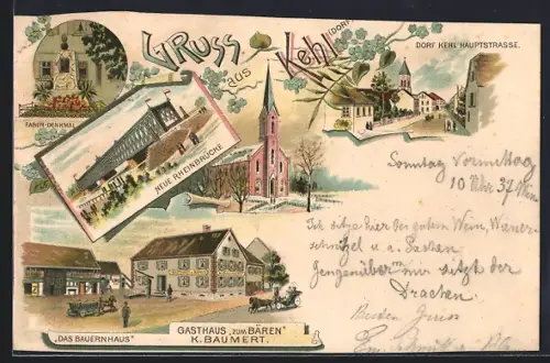 Lithographie Kehl, Gasthaus zum Bären von K. Baumert, Faber-Denkmal, Neue Rheinbrücke, Hauptstrasse