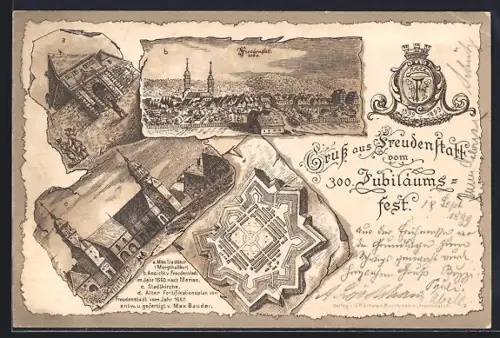 Lithographie Freudenstadt, Alte Ansicht der Stadt, Alter Fortifikationsplan