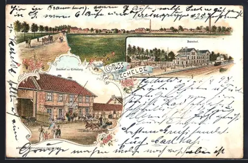 AK Vechelde, Gasthof zur Erholung, Bahnhof, Ortsansicht mit Fabriken