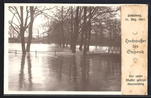 Foto-AK Perleberg, Hochwasser der Stepenitz 1925, Der unter Wasser gesetzte Gummisteig