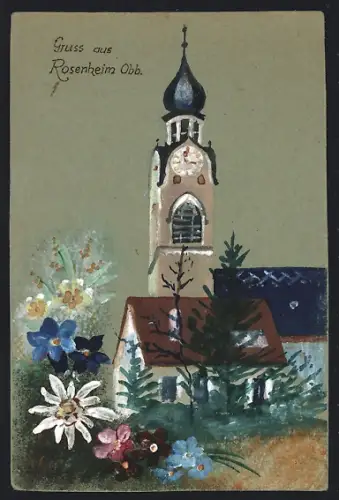 Künstler-AK Handgemalt: Rosenheim /Obb., Blick auf die Kirche, Edelweiss und Enzian
