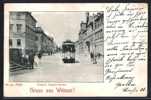 AK Weimar / Thüringen, Strassenbahn in der Kaiserin Augusta-Strasse