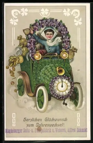 AK Auto mit Blumen, Neujahrsgruss