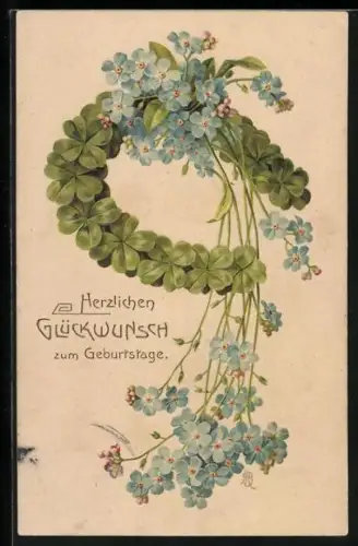 Präge-AK Geburtstagsglückwunsch mit Blumen und vierblättrigen Kleeblättern