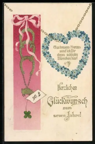 Präge-AK Neujahrsglückwünsche mit Herz aus Blüten und Hufeisen