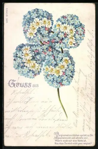 AK Vergissmeinnicht-Kleeblatt mit Margeriten